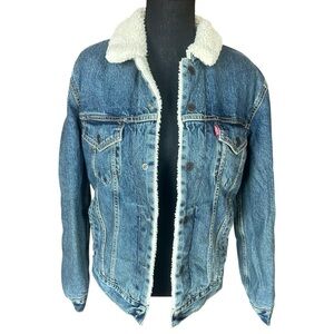 Levi’s Sherpa Lined Denim Trucker Jacket Small Blue Fleece Collar Classic